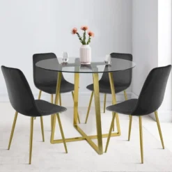 Hana + Bingo 5-Piece Round Clear Glass Dining Table Set With 4 Upholstered Chairs Gold Legs - The Pop Maison 21 Hana + Bingo 5-Piece Round Clear Glass Dining Table Set With 4 Upholstered Chairs Gold Legs - The Pop Maison -Dine Furniture GUEST 0112cd8a 0c86 4204 b0a9 e2563bbb4600