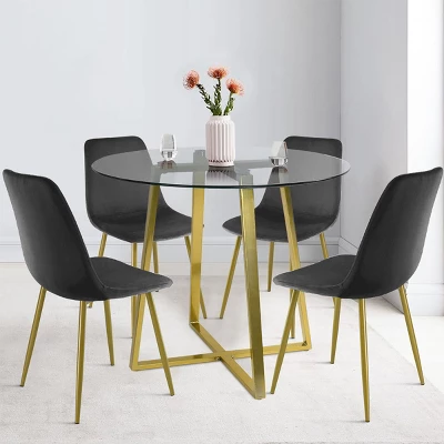 Hana + Bingo 5-Piece Round Clear Glass Dining Table Set With 4 Upholstered Chairs Gold Legs - The Pop Maison 12 Hana + Bingo 5-Piece Round Clear Glass Dining Table Set With 4 Upholstered Chairs Gold Legs - The Pop Maison - Image 10