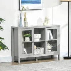 HOMCOM Modern Kitchen Sideboard, Buffet Table With Removable Wine Rack, Glass Door Cabinet And Shelves For Living Room, Kitchen, Entryway, Gray