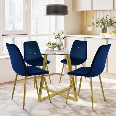 Hana + Bingo 5-Piece Round Clear Glass Dining Table Set With 4 Upholstered Chairs Gold Legs - The Pop Maison 10 Hana + Bingo 5-Piece Round Clear Glass Dining Table Set With 4 Upholstered Chairs Gold Legs - The Pop Maison - Image 8