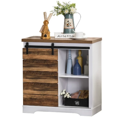 HOMCOM Rustic Farmhouse Accent Buffet Cabinet, Sideboard With Sliding Barn Door And Interior Shelves, White/Brown 5 HOMCOM Rustic Farmhouse Accent Buffet Cabinet, Sideboard With Sliding Barn Door And Interior Shelves, White/Brown - Image 3