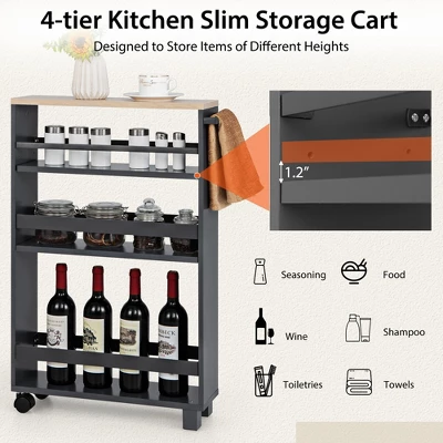 Costway 4-Tier Slim Kitchen Storage Cart Narrow Slide Out Trolley Adjustable Shelf WhiteGrey 8 Costway 4-Tier Slim Kitchen Storage Cart Narrow Slide Out Trolley Adjustable Shelf WhiteGrey - Image 6