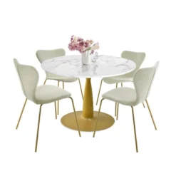 Harris+Flavia 5-Piece Round-Shaped Artificial Marble Dining Table Set With 4 Velvet Upholstered Chairs Gold Legs -The Pop Maison