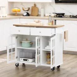 HOMCOM Rolling Kitchen Island With Storage, Utility Kitchen Cart With 2 Drawers, 2 Cupboards, Towel Rack And Spice Rack For Dining Room, White
