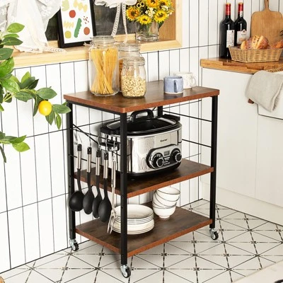 Tangkula Kitchen Baker's Rack 3-Tier Microwave Cart With Wheels&10 Hooks Rustic Brown/Maple/Vintage/Nut Brown 3 Tangkula Kitchen Baker's Rack 3-Tier Microwave Cart With Wheels&10 Hooks Rustic Brown/Maple/Vintage/Nut Brown