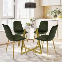 Hana + Bingo 5-Piece Round Clear Glass Dining Table Set With 4 Upholstered Chairs Gold Legs - The Pop Maison 17 Hana + Bingo 5-Piece Round Clear Glass Dining Table Set With 4 Upholstered Chairs Gold Legs - The Pop Maison -Dine Furniture GUEST 1f5082f5 8040 47e4 ba01 189ab60075f7