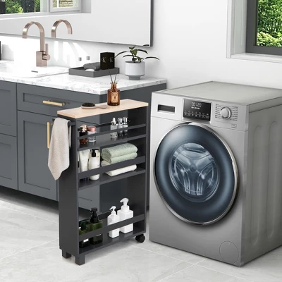 Costway 4-Tier Slim Kitchen Storage Cart Narrow Slide Out Trolley Adjustable Shelf WhiteGrey 3 Costway 4-Tier Slim Kitchen Storage Cart Narrow Slide Out Trolley Adjustable Shelf WhiteGrey