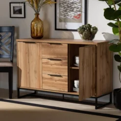 Reid Wood & Metal 3 Drawer Sideboard Buffet Oak/Black - Baxton Studio -Dine Furniture GUEST 24cf6c2a 0d25 4173 a84a 1755069b614c