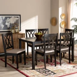 7pc Reneau Upholstered Wood Dining Set Sand Brown/Espresso - Baxton Studio -Dine Furniture GUEST 2baacd3d fa7b 459a b989 7e95f52d4654