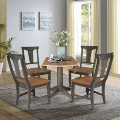 42" Round Dual Drop Leaf Dining Table With 4 Panel Back Chairs Hickory/Washed Coal - International Concepts -Dine Furniture GUEST 2d725bef 1853 4c66 b62a 933108836ffa