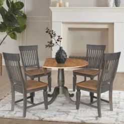 5pc 42" Round Dual Drop Leaf Dining Table With 4 Slat Back Chairs Hickory/Washed Coal - International Concepts -Dine Furniture GUEST 384404b5 37d9 4b9d 8c2b ee6a77c7ae64
