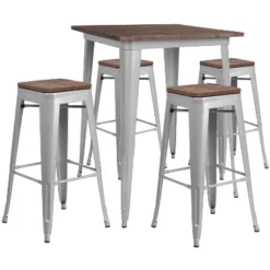 Flash Furniture 31.5" Square Metal Bar Table Set With Wood Top And 4 Backless Stools -Dine Furniture GUEST 38661e0c 9a03 4956 9699 dcef3b6c5ef8
