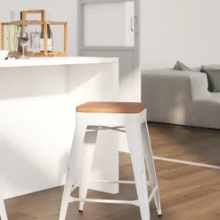 Merrick Lane Backless Metal Dining Stool With Wooden Seat For Indoor Use -Dine Furniture GUEST 39185d2f cd97 4f69 ba43 efb17a680801