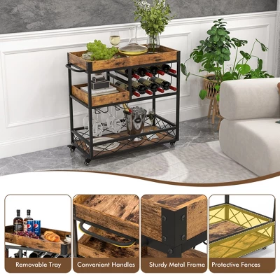 Costway 3-Tier Mobile Bar Serving Cart Liquor Storage Trolley With Removable Tray Wine Rack 7 Costway 3-Tier Mobile Bar Serving Cart Liquor Storage Trolley With Removable Tray Wine Rack - Image 5