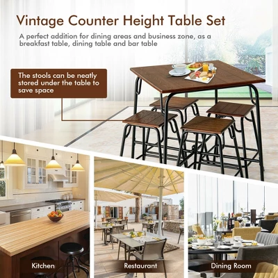Costway 5PCS Bar Table Set Counter Height Dining Set W/ 4 Stools Rustic Brown 7 Costway 5PCS Bar Table Set Counter Height Dining Set W/ 4 Stools Rustic Brown - Image 5