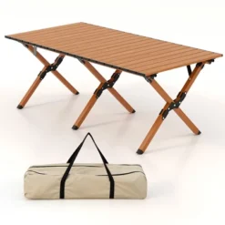 Costway Folding Aluminum Camping Table With Carry Bag Roll-Up Picnic Table With Wood Grain -Dine Furniture GUEST 51d450a7 4ec7 4946 bf7a 8f69976ac99e