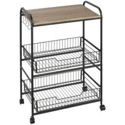 HOMCOM 24" 3-Tier Rolling Kitchen Cart, Utility Storage Trolley With 2 Basket Drawers, Side Hooks For Dining Room -Dine Furniture GUEST 54e680b3 cb49 41e1 81f4 6d00473da82b