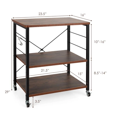Tangkula Kitchen Baker's Rack 3-Tier Microwave Cart With Wheels&10 Hooks Rustic Brown/Maple/Vintage/Nut Brown 4 Tangkula Kitchen Baker's Rack 3-Tier Microwave Cart With Wheels&10 Hooks Rustic Brown/Maple/Vintage/Nut Brown - Image 2