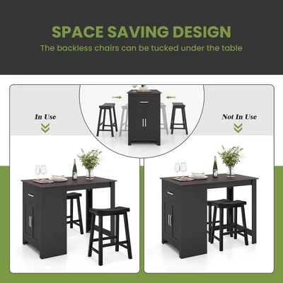 Costway 3 Pieces Bar Table Set Pub Dining Table With Saddle Stools & Storage Cabinet Black 5 Costway 3 Pieces Bar Table Set Pub Dining Table With Saddle Stools & Storage Cabinet Black - Image 3