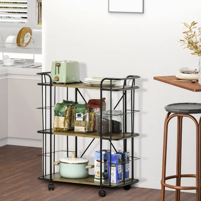 HOMCOM 25" Rolling Kitchen Cart, Kitchen Storage Trolley With 3 Shelves For Dining Room, Laundry Room, And Bathroom, Natural 4 HOMCOM 25" Rolling Kitchen Cart, Kitchen Storage Trolley With 3 Shelves For Dining Room, Laundry Room, And Bathroom, Natural - Image 2
