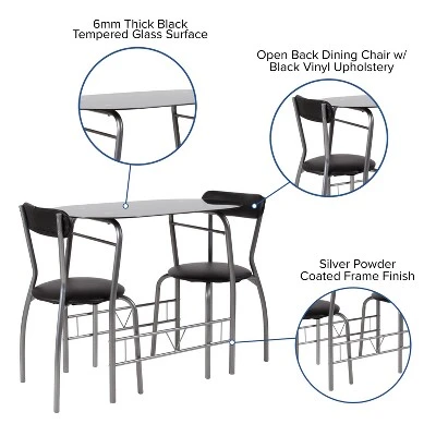 Emma And Oliver 3 Piece Black Glass Space-Saver Bistro Set With Padded Chairs 3 Emma And Oliver 3 Piece Black Glass Space-Saver Bistro Set With Padded Chairs