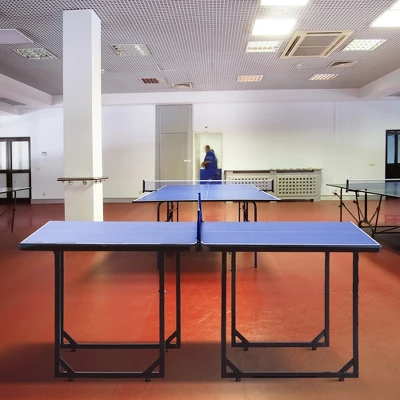 Soozier Midsize Table Tennis, Foldable Ping Pong Table With Net, Space Saving Folding Legs, Converts Into 2 Tables For Party Games, Cards, Blue 3 Soozier Midsize Table Tennis, Foldable Ping Pong Table With Net, Space Saving Folding Legs, Converts Into 2 Tables For Party Games, Cards, Blue
