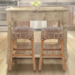 JONATHAN Y Maui Rustic Bohemian Hyacinth/Wood Backless Bar Stool, Brown Wash Woven Seat With Natural Wood Frame -Dine Furniture GUEST 619dbc9a b6b7 45c9 9bf3 5962f52975cc