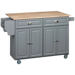 HOMCOM Rolling Kitchen Island On Wheels Utility Cart With Drop-Leaf And Rubber Wood Countertop, Storage Drawers, Door Cabinets, Dark Gray -Dine Furniture GUEST 6252b556 ba39 4c8d b6f3 4daee7a3c2ec
