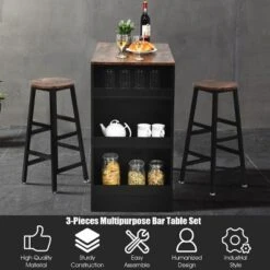 Costway 3 Pieces Bar Table Set Industrial Counter With Storage Black -Dine Furniture GUEST 6404b744 94b2 446e b938 8d90961cf377