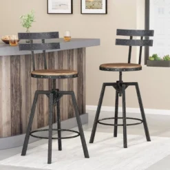 Set Of 2 Alanis Modern Industrial Firwood Adjustable Height Swivel Barstools Natural/Black Brushed Silver - Christopher Knight Home
