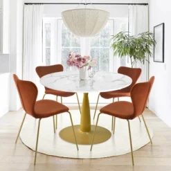 Harris+Flavia 5-Piece Round-Shaped Artificial Marble Dining Table Set With 4 Velvet Upholstered Chairs Gold Legs -The Pop Maison -Dine Furniture GUEST 68667f57 7319 45cc 91f0 10c0bd53c785