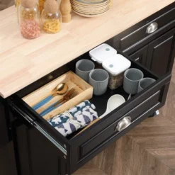 HOMCOM Rolling Kitchen Island On Wheels, Kitchen Cart With Solid Wood Drop Leaf Breakfast Bar, Storage Drawers, 4-Door Cabinets, Spice Rack, Black -Dine Furniture GUEST 728b5bf8 6a20 484f b601 a3d1770f5807