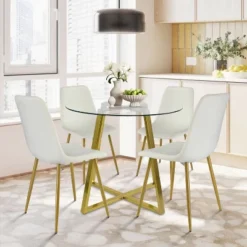 Hana + Bingo 5-Piece Round Clear Glass Dining Table Set With 4 Upholstered Chairs Gold Legs - The Pop Maison 20 Hana + Bingo 5-Piece Round Clear Glass Dining Table Set With 4 Upholstered Chairs Gold Legs - The Pop Maison -Dine Furniture GUEST 79ee8fe9 dcb6 453b b416 cc275961108f
