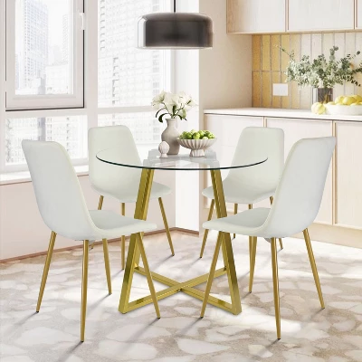 Hana + Bingo 5-Piece Round Clear Glass Dining Table Set With 4 Upholstered Chairs Gold Legs - The Pop Maison 11 Hana + Bingo 5-Piece Round Clear Glass Dining Table Set With 4 Upholstered Chairs Gold Legs - The Pop Maison - Image 9