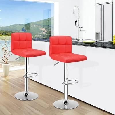 Costway Set Of 2 Bar Stools Adjustable Swivel Kitchen Counter Bar Chair PU Leather Red Full Back 5 Costway Set Of 2 Bar Stools Adjustable Swivel Kitchen Counter Bar Chair PU Leather Red Full Back - Image 3
