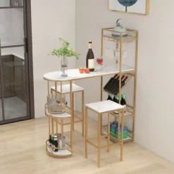 Costway 3 PCS Bar Table Set 2 Stools Storage Shelves Glass Holder Wine Rack Space Saving
