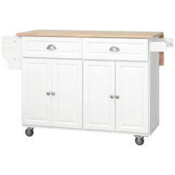 HOMCOM Rolling Kitchen Island On Wheels Utility Cart With Drop-Leaf And Rubber Wood Countertop, Storage Drawers, Door Cabinets, White -Dine Furniture GUEST 7e6b59ea 8d3e 47af a9ee 177154526608