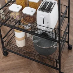 HOMCOM 24" 3-Tier Rolling Kitchen Cart, Utility Storage Trolley With 2 Basket Drawers, Side Hooks For Dining Room -Dine Furniture GUEST 83076d70 f706 4e3b a91e 0647292ee96a