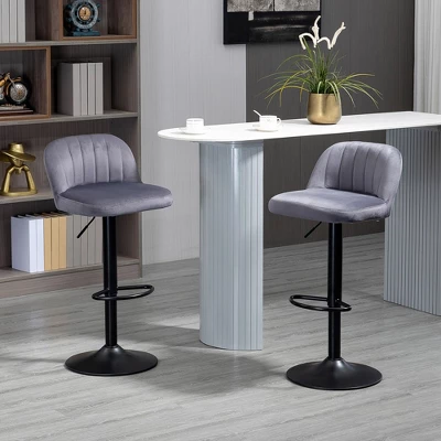 HOMCOM Adjustable Bar Stools Set Of 2, Velvet Counter Height Barstool, Upholstered Kitchen Stool With Swivel Seat, Steel Frame, Footrest, Gray 3 HOMCOM Adjustable Bar Stools Set Of 2, Velvet Counter Height Barstool, Upholstered Kitchen Stool With Swivel Seat, Steel Frame, Footrest, Gray