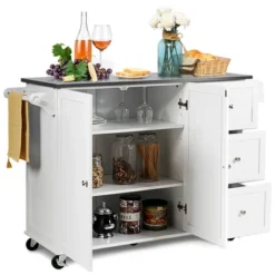 Costway Kitchen Island 2-Door Storage Cabinet Stainless Steel Top W/ Drawers