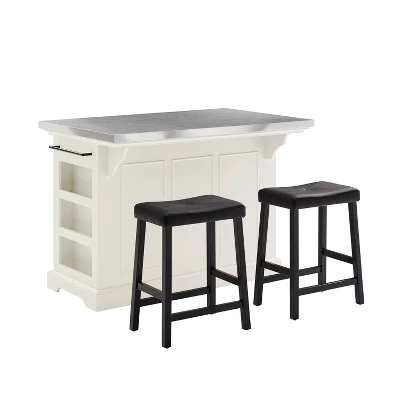 Julia Stainless Steel Top Kitchen Island With 2 Upholstered Saddle Counter Height Barstools White - Crosley 5 Julia Stainless Steel Top Kitchen Island With 2 Upholstered Saddle Counter Height Barstools White - Crosley - Image 3