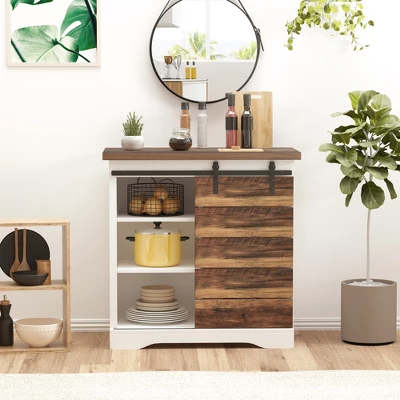 HOMCOM Rustic Farmhouse Accent Buffet Cabinet, Sideboard With Sliding Barn Door And Interior Shelves, White/Brown 4 HOMCOM Rustic Farmhouse Accent Buffet Cabinet, Sideboard With Sliding Barn Door And Interior Shelves, White/Brown - Image 2