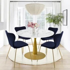 Harris+Flavia 5-Piece Round-Shaped Artificial Marble Dining Table Set With 4 Velvet Upholstered Chairs Gold Legs -The Pop Maison -Dine Furniture GUEST 975823cc dcae 4a34 9bbd 12501f123e9f