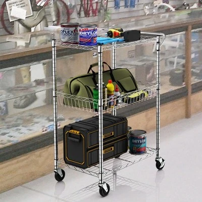 Costway 3-Tier Utility Cart Heavy Duty Wire Rolling Cart W/Handle Bar Storage Trolley 9 Costway 3-Tier Utility Cart Heavy Duty Wire Rolling Cart W/Handle Bar Storage Trolley - Image 7