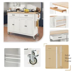 54.3 Inch Width Kitchen Island Cart With Solid Wood Top, 4 Door Cabinet, Two Drawers, Spice Rack And Locking Wheels-ModernLuxe -Dine Furniture GUEST 9c111dff 7310 4db0 8778 054c6cc10fef