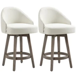 HOMCOM Bar Stools Set Of 2, Linen Fabric Kitchen Counter Stools With Nailhead Trim, Rubber Wood Legs And Footrest For Dining Room, Counter, Pub -Dine Furniture GUEST 9e578ed5 f530 4459 9a39 679ebb5dfc5b