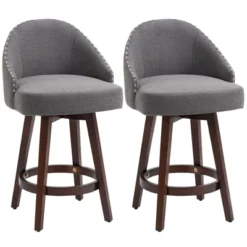 HOMCOM Bar Stools Set Of 2, Linen Fabric Kitchen Counter Stools With Nailhead Trim, Rubber Wood Legs And Footrest For Dining Room, Counter, Pub -Dine Furniture GUEST a1ff7408 6344 44f4 a1cb b68ca2c3b718