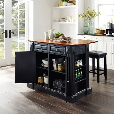Coventry Drop Leaf Top Kitchen Island With Upholstered Square Stools Black - Crosley 4 Coventry Drop Leaf Top Kitchen Island With Upholstered Square Stools Black - Crosley - Image 2