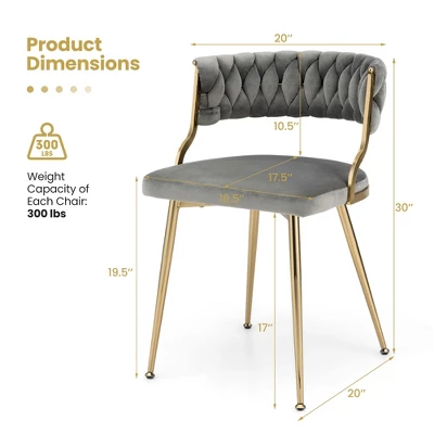 Costway Velvet Dining Chair Set Of 2 Upholstered Modern Accent Chair With Woven Back Grey/White 5 Costway Velvet Dining Chair Set Of 2 Upholstered Modern Accent Chair With Woven Back Grey/White - Image 3