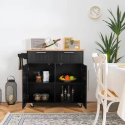 Costway Rolling Kitchen Cart Island Heavy Duty Storage Trolley Cabinet Utility Black -Dine Furniture GUEST ac253ecf ca27 405d 87c9 47ea06d34a27